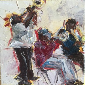 french quarter musicians. palette knife painting by Denise Hopkins