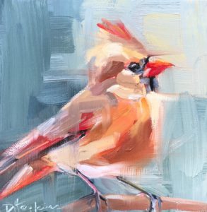 6x6 female cardinal oil painting
