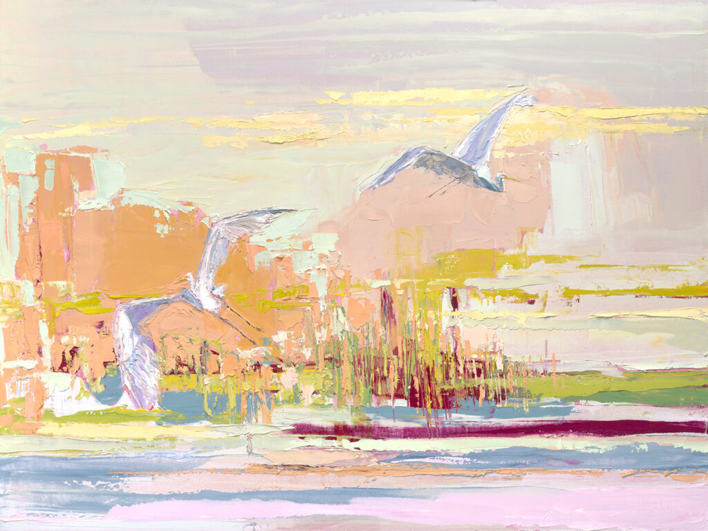 egrets flying painting