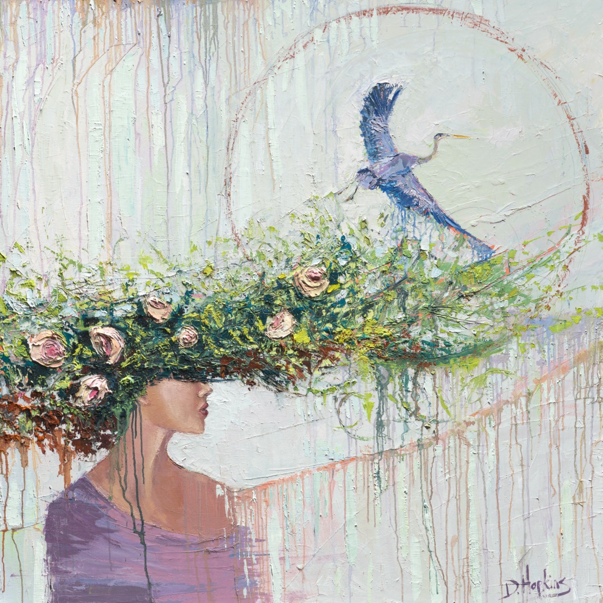 Woman with flowers and bird art
