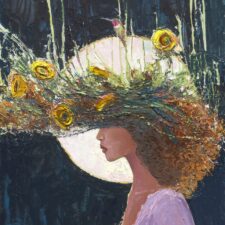 palette knife oil painting of woman in profile with sunflowers, moon, and hummingbird