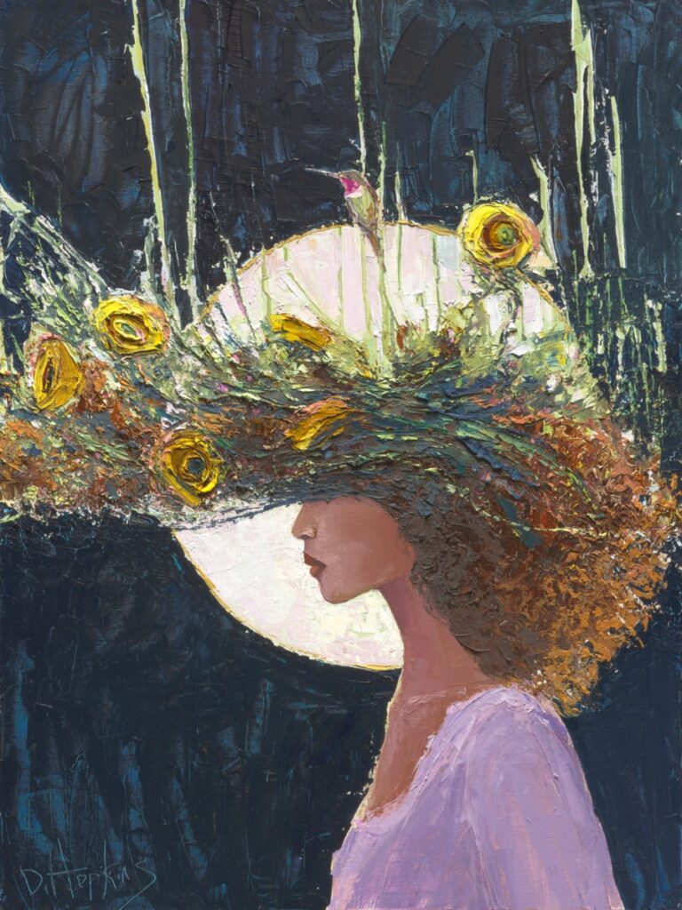 palette knife oil painting of woman in profile with sunflowers, moon, and hummingbird