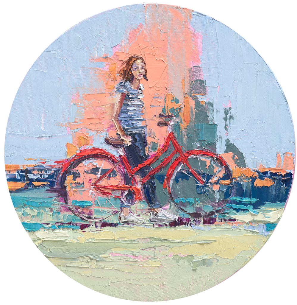 woman on bicycle circle oil painting