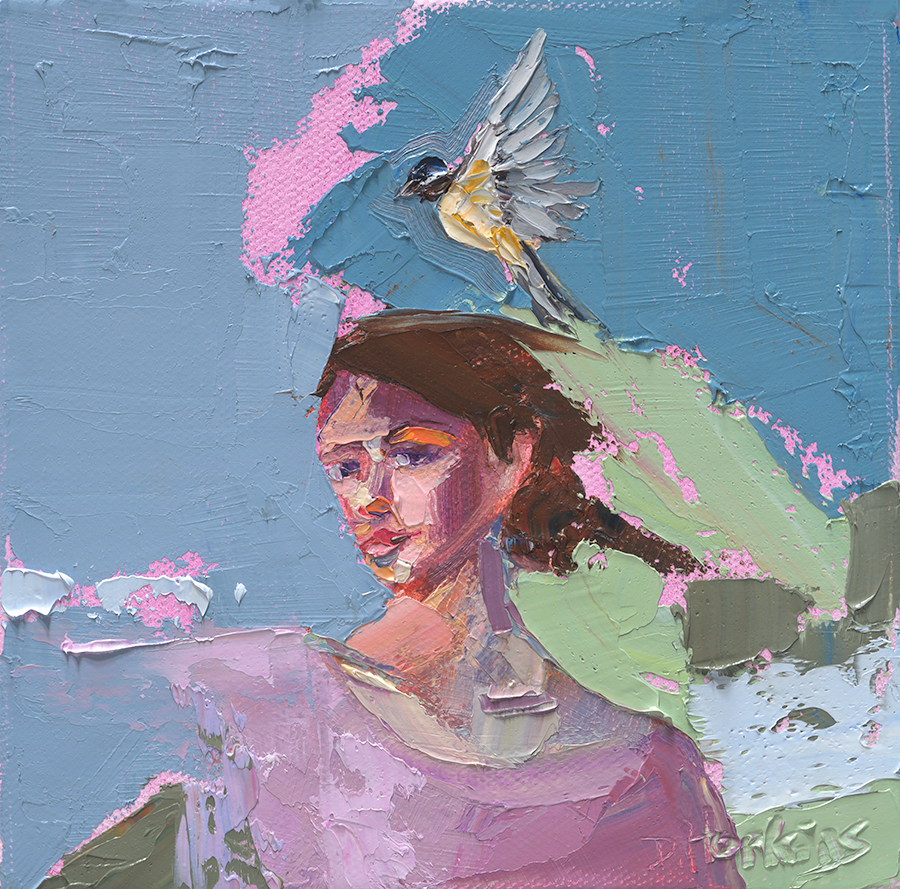 woman with chickadee painting