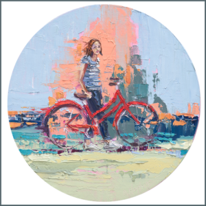 woman on bike oil circle oil painting