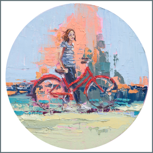 woman on bike oil circle oil painting