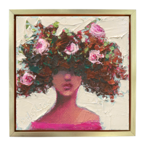 woman with florals blooming from her head palette knife oil painting in a gold floater frame