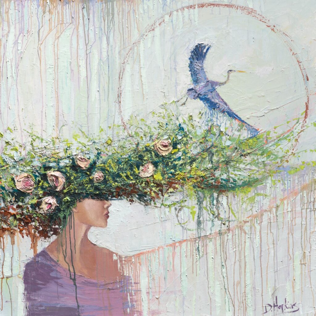 oil painting of woman with flowers and great blue heron