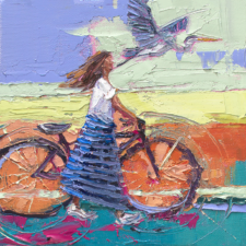oil painting of woman with bicycle and great blue heron