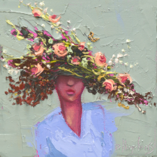 palette knife painting of woman with flowers and butterfly in her hair