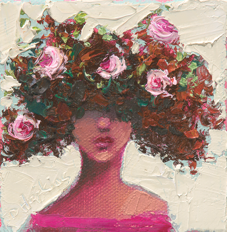 woman with florals blooming from her head palette knife oil painting