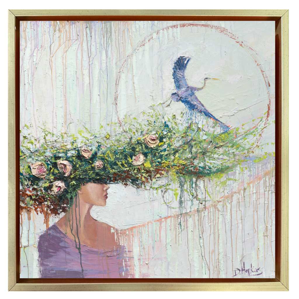 woman with great blue heron artwork