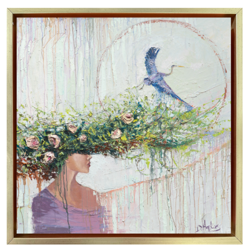 woman with great blue heron artwork