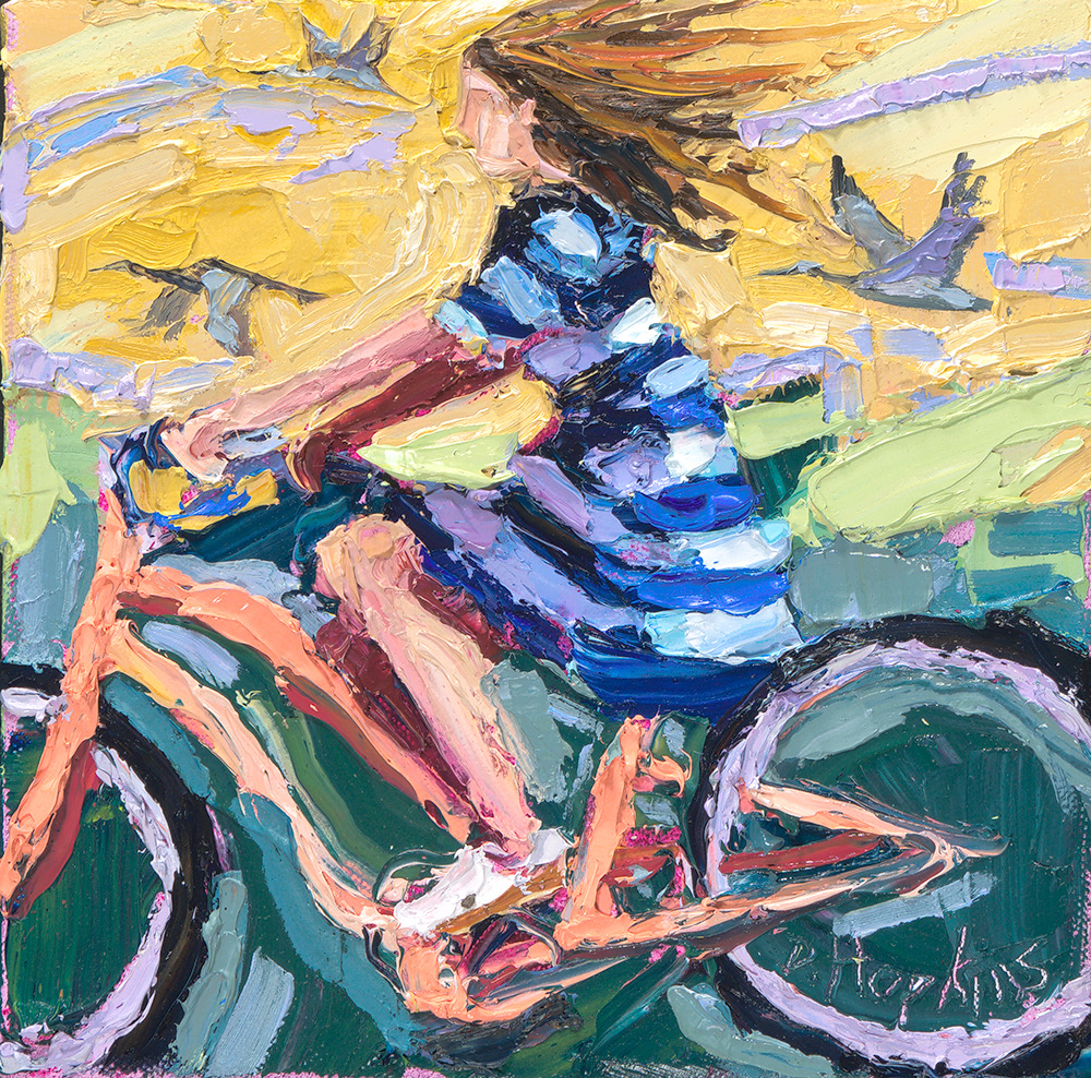 Woman on bicycle oil painting