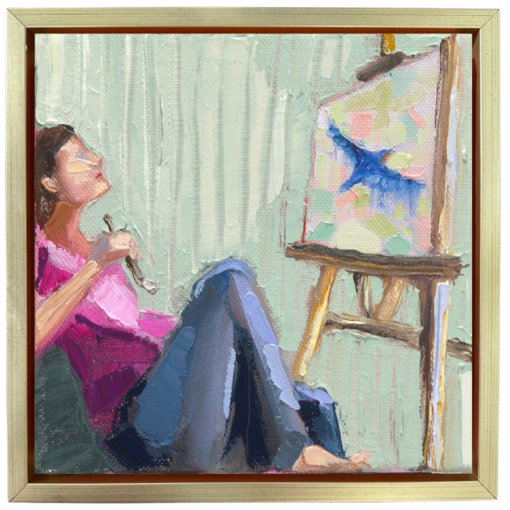 artist looking at canvas oil painting