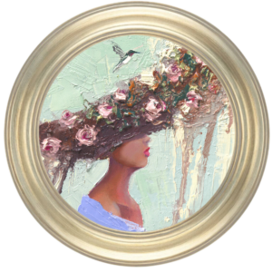 woman with hummingbird round oil painting