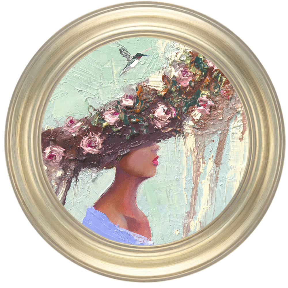 woman with hummingbird round oil painting