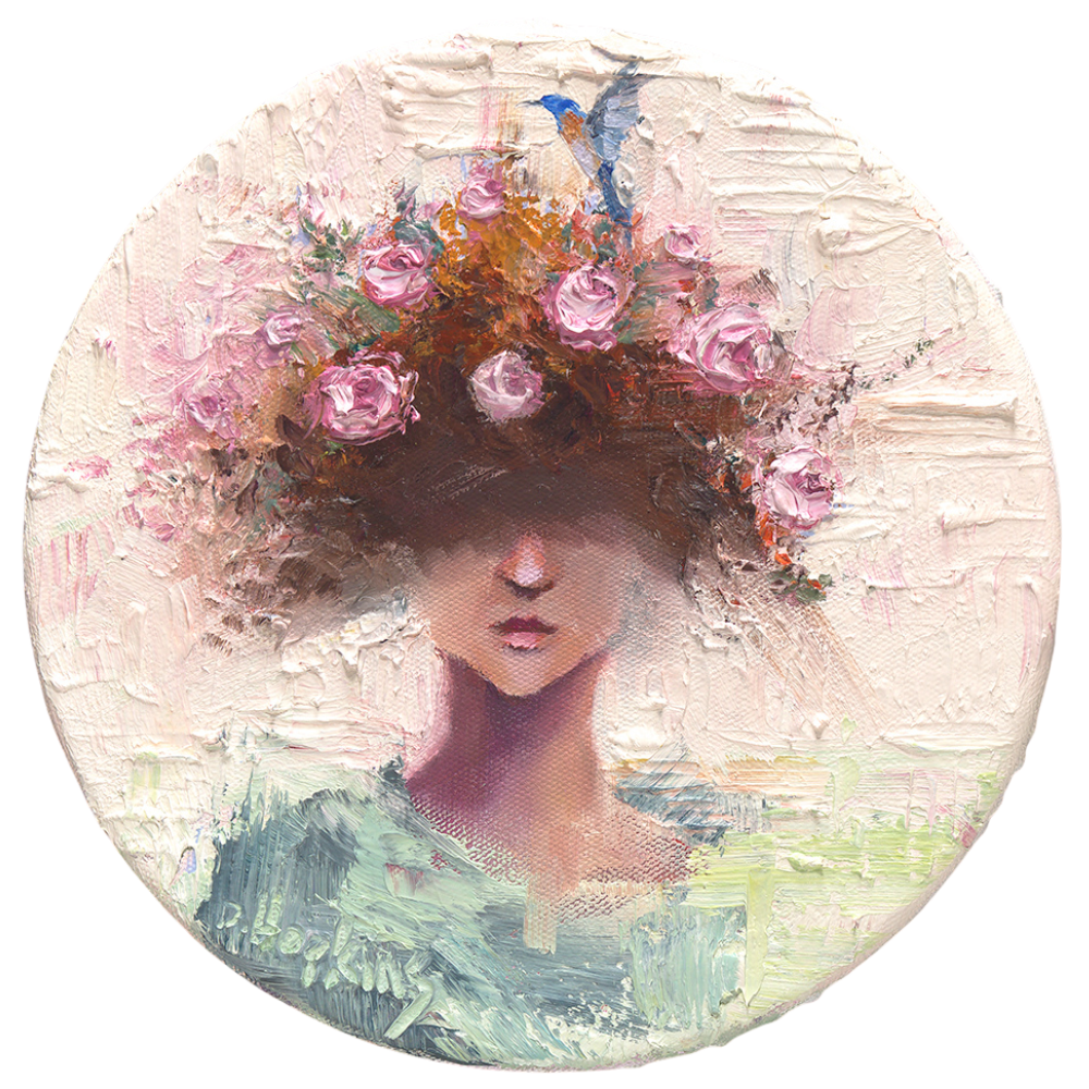 woman with flowers and bird oil painting