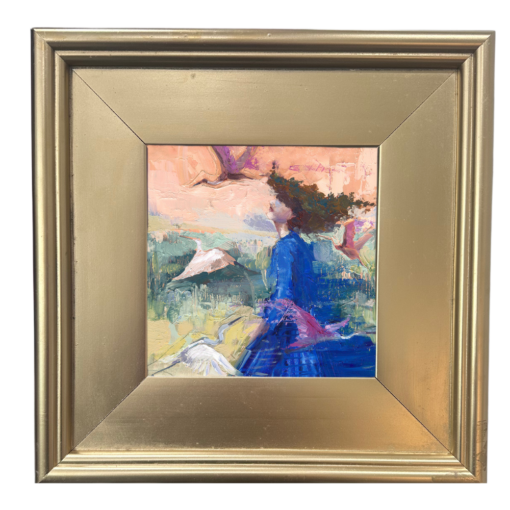 Woman with birds framed oil painting