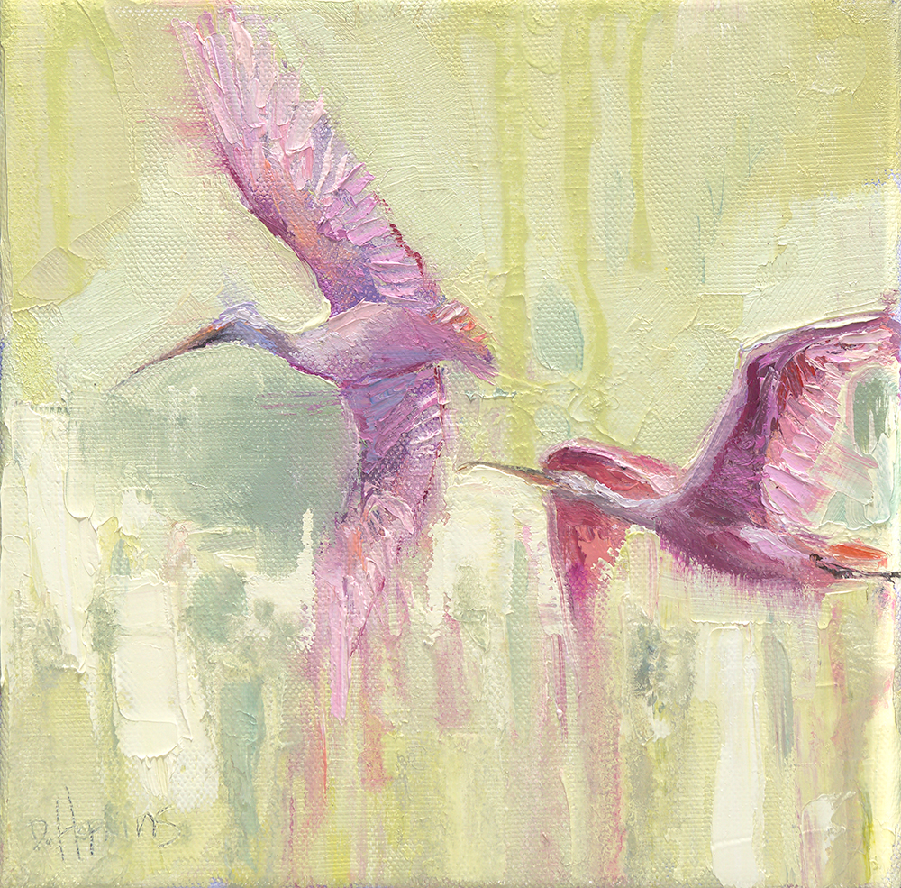 Roseate Spoonbills in flight oil painting