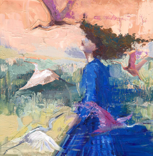 painting of woman with birds