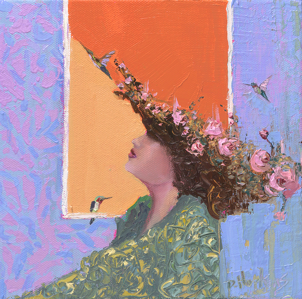 Woman with flowers and hummingbirds oil painting