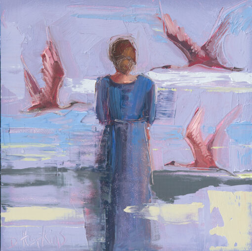 woman with roseate spoonbills oil painting