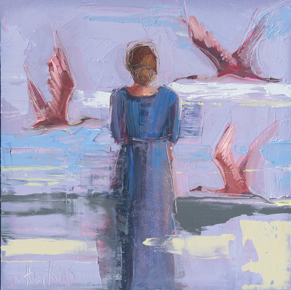 woman with roseate spoonbills oil painting