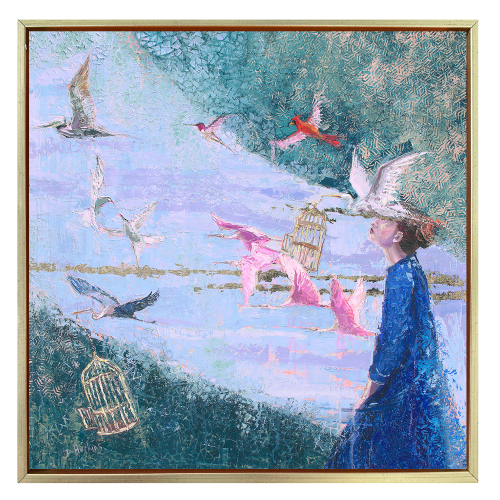 woman with birds oil painting