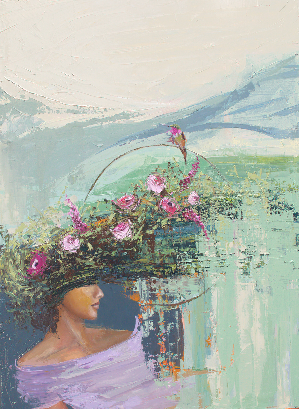 figure painting with hummingbird