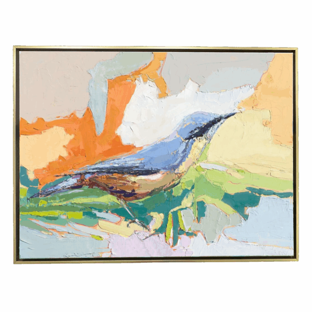 Blue bird with golden belly on abstract background with green and orange