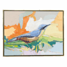 Blue bird with golden belly on abstract background with green and orange