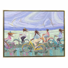 Painting of women riding bikes on the beach with a bird on each of their heads.