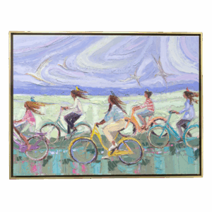 Painting of women riding bikes on the beach with a bird on each of their heads.