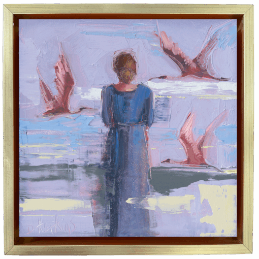 Painting of woman with pink birds