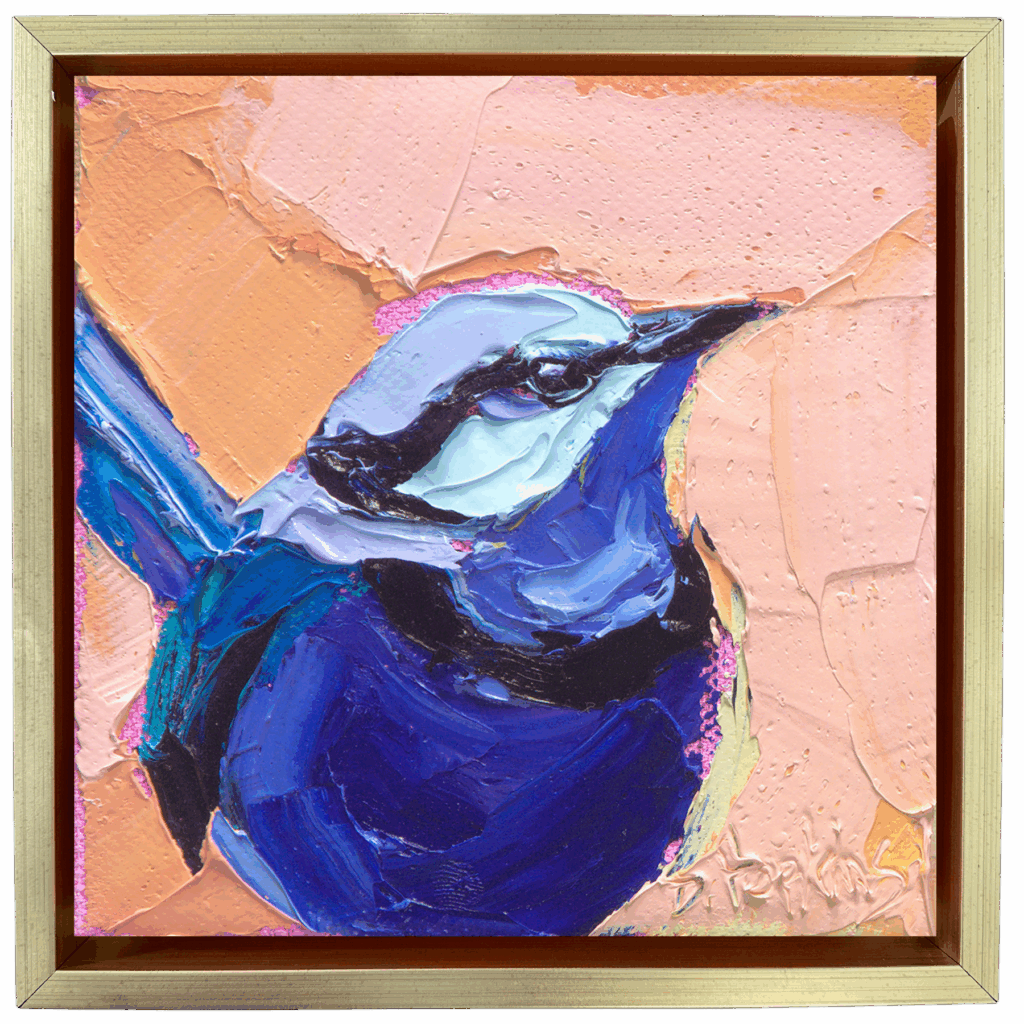painting of a fairywren on orange and peach background