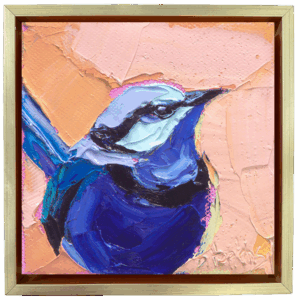 painting of a fairywren on orange and peach background