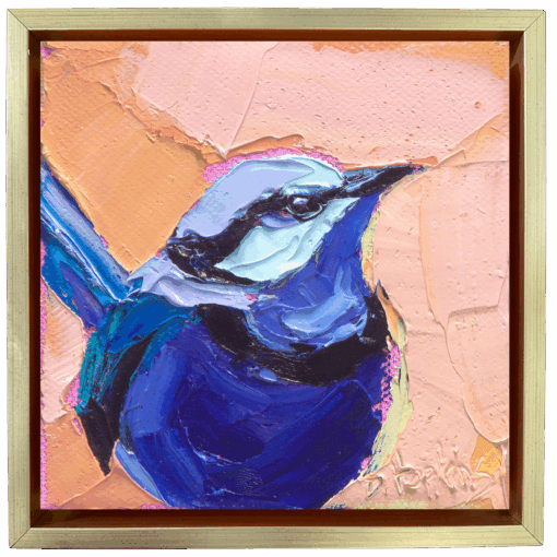 painting of a fairywren on orange and peach background