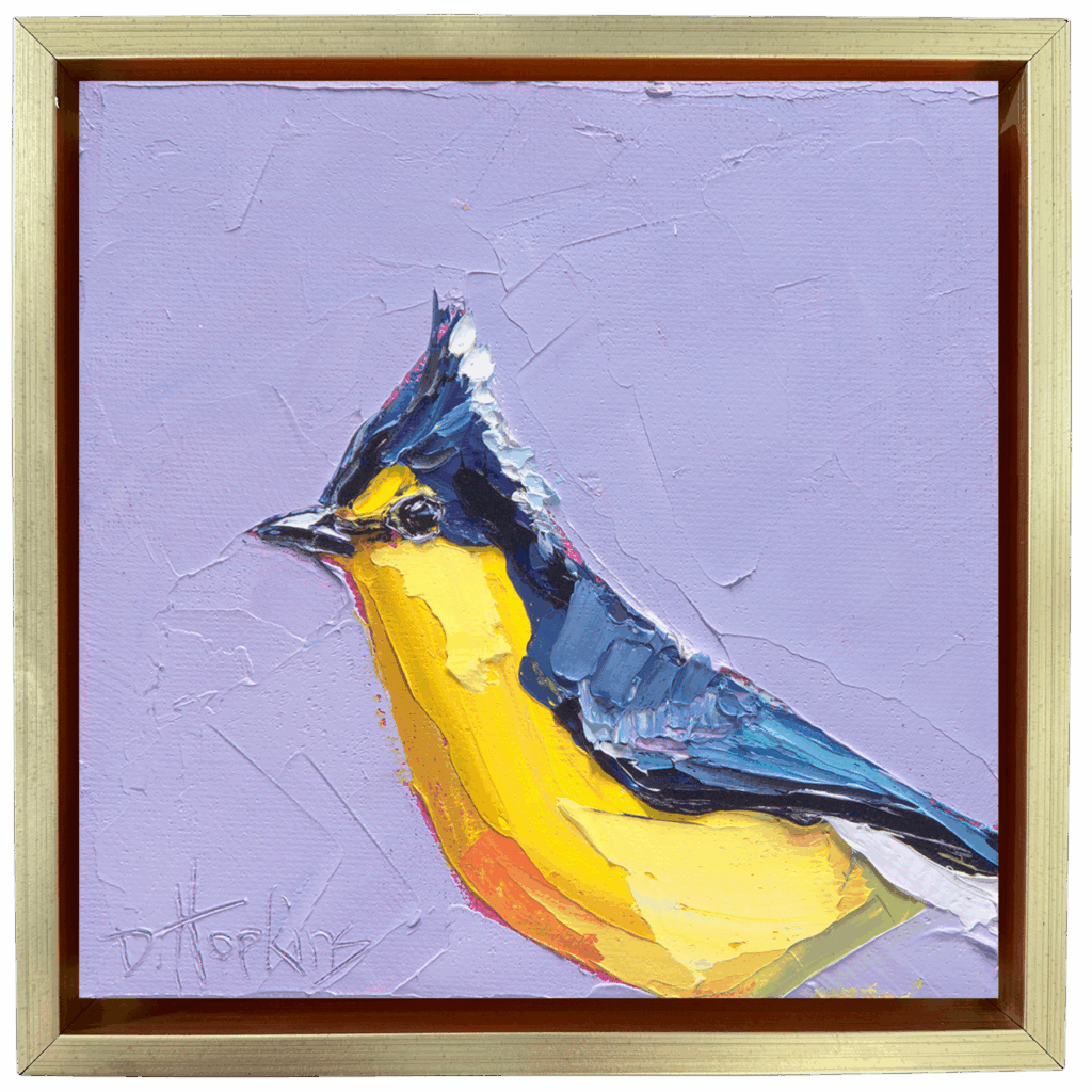 Yellow tit bird on blue-purple background