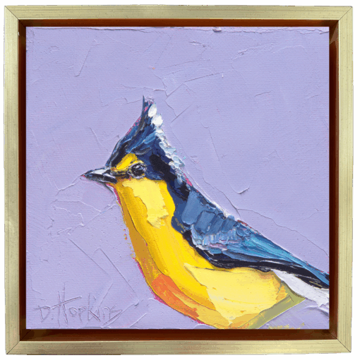 Yellow tit bird on blue-purple background