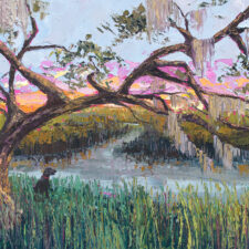 painting featuring a dog overlooking a marsh/swamp with soft pinks