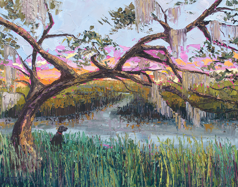 painting featuring a dog overlooking a marsh/swamp with soft pinks