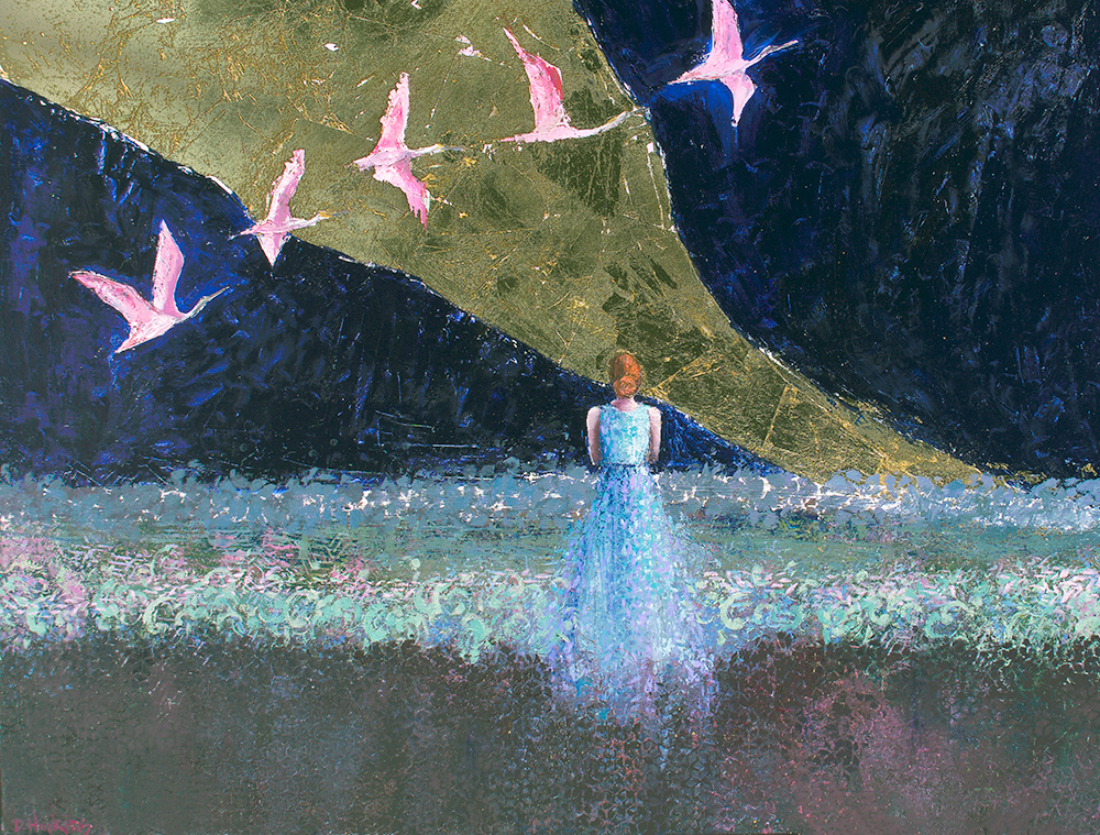 Woman on dark blue background with pink birds flying overhead and a gold leaf stream in the sky.