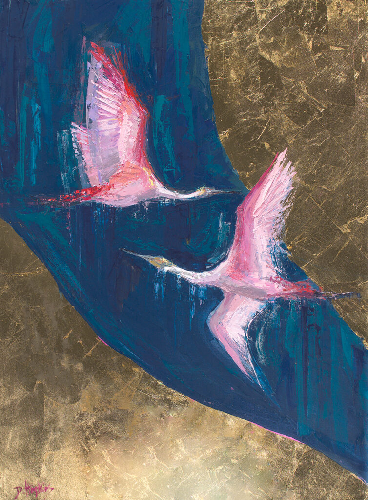 Two pink birds on a dark blue background with gold leaf accents