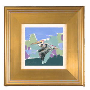 Framed painting of a bird flying with blue, green, and purple background.