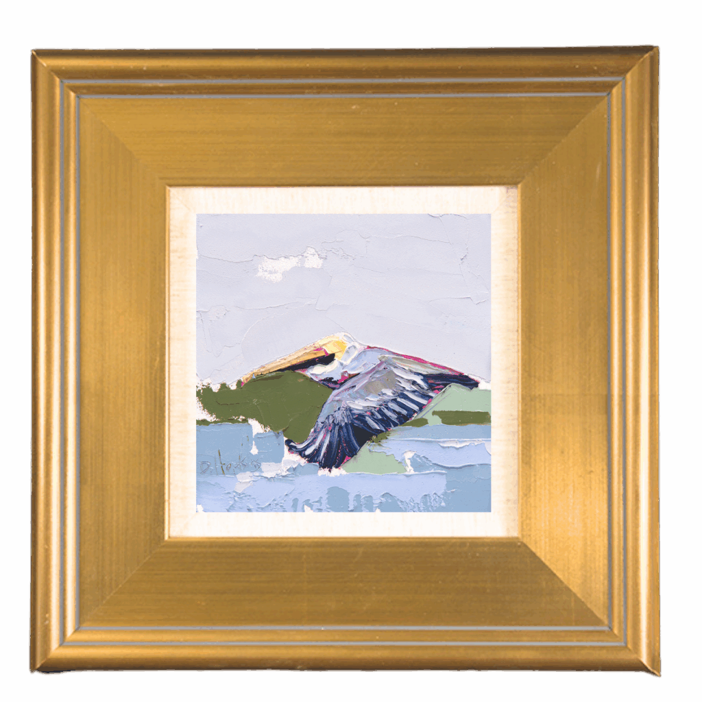 framed painting of a bird flying with grey, light blue, and green background.