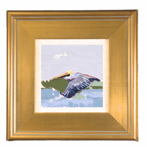 framed painting of a bird flying with grey, light blue, and green background.