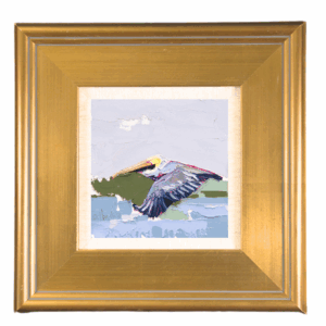 framed painting of a bird flying with grey, light blue, and green background.