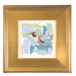 Framed painting of a hummingbird flying with light green, dark green, and blue abstract background.
