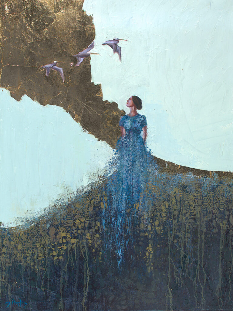 Woman on light blue background looks to the sky where birds fly over a gold leaf background.